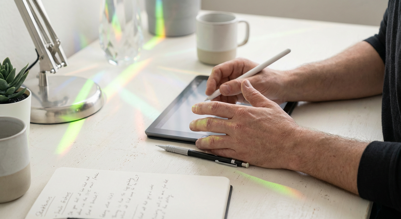 Close-up of a creator's hands on a sleek keyboard with organic lavender and mint light refractions dancing across the surface.