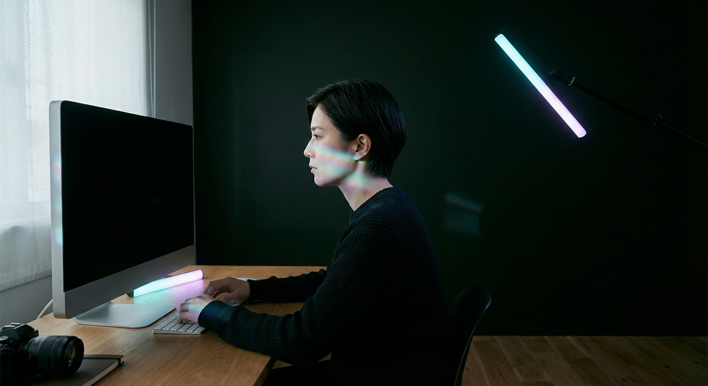 A professional portrait of a woman looking thoughtfully at a workspace, with subtle cyan and lime prism light highlights on her face and the dark background.