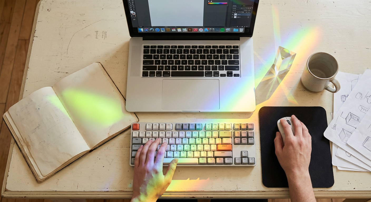 A close-up shot of a designer's hands over a keyboard with organic lavender and lime light refractions hitting the desk surface.