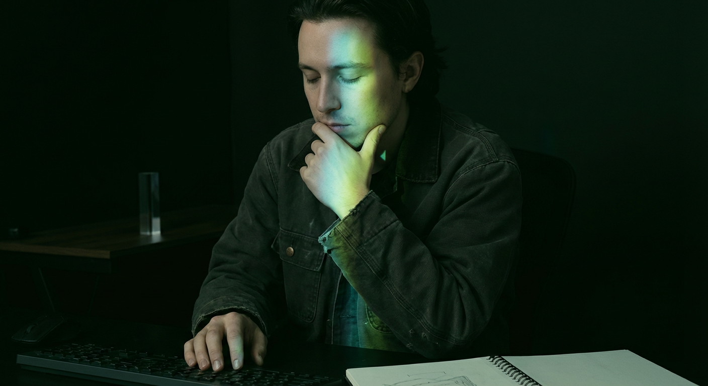 A wide shot of a creator standing in a minimalist studio with deep green-black walls, illuminated by a soft prismatic highlight representing focused inspiration.