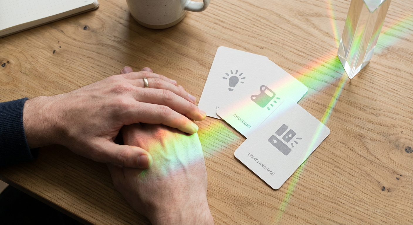 A close-up of a creator's hands over a minimalist keyboard, with a soft prism light effect casting subtle lavender and lime gradients across the desk surface.
