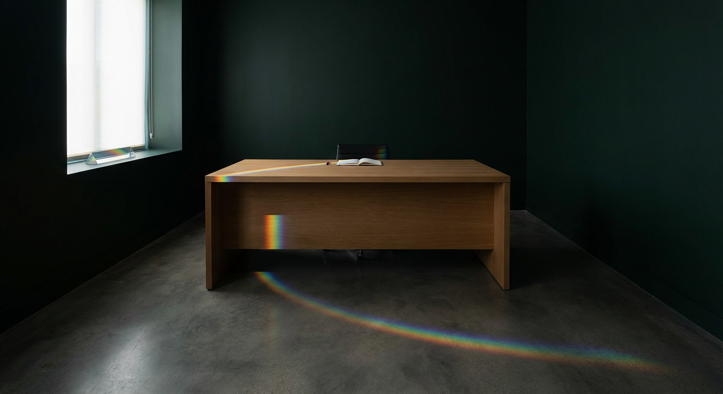 A wide architectural shot of a modern, minimal creative studio with deep dark walls and a singular, soft prismatic light beam illuminating a workspace.