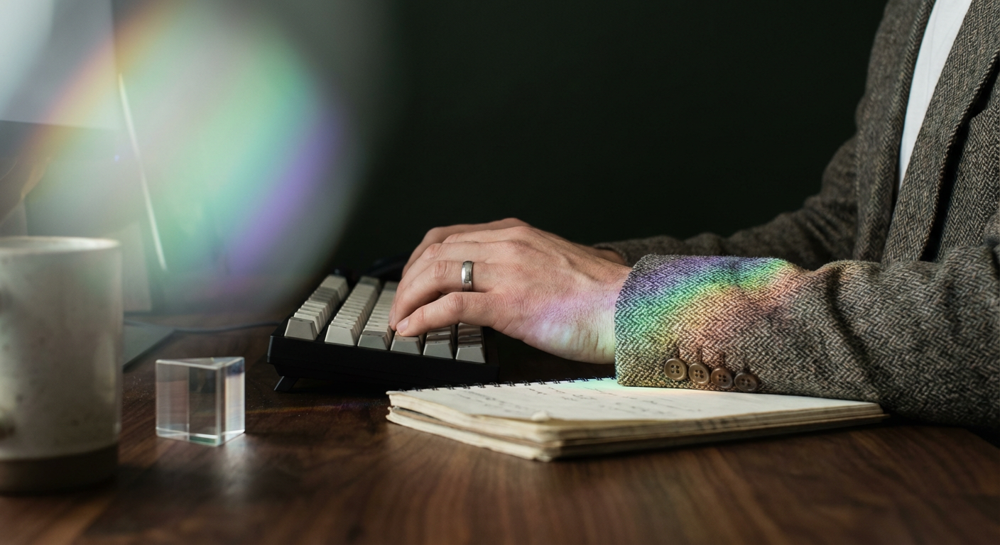 A close-up of a creator's hands resting on a clean, minimal keyboard in a dark room, with a subtle lavender and lime light refraction cutting across the desk surface.