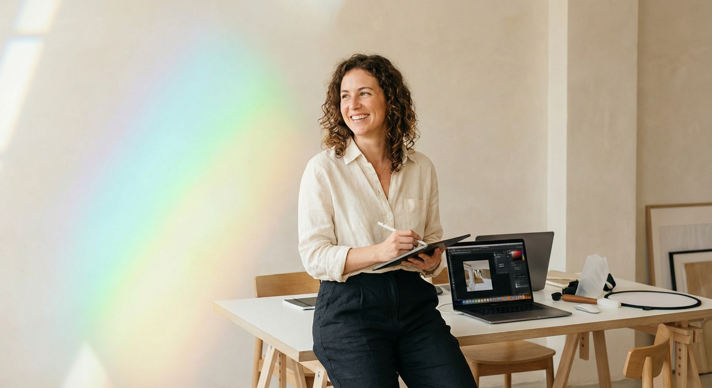 A focused male creator in a light-filled architectural space, with organic rainbow light patterns reflecting off a glass surface and casting soft color gradients onto his shoulder.