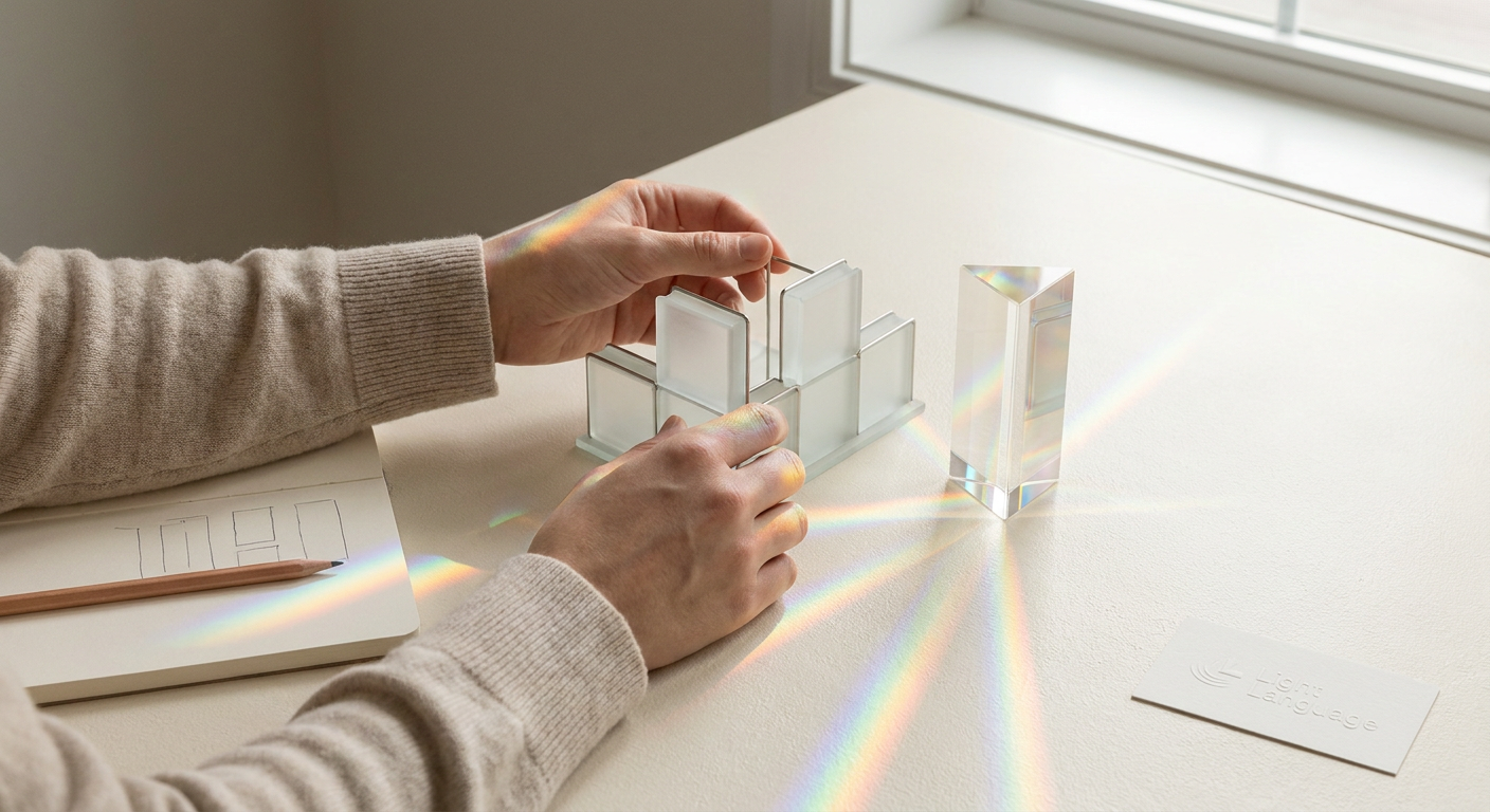 Close-up of a designer's hands navigating a clean workspace with organic rainbow light refractions dancing across the surface and keyboard.