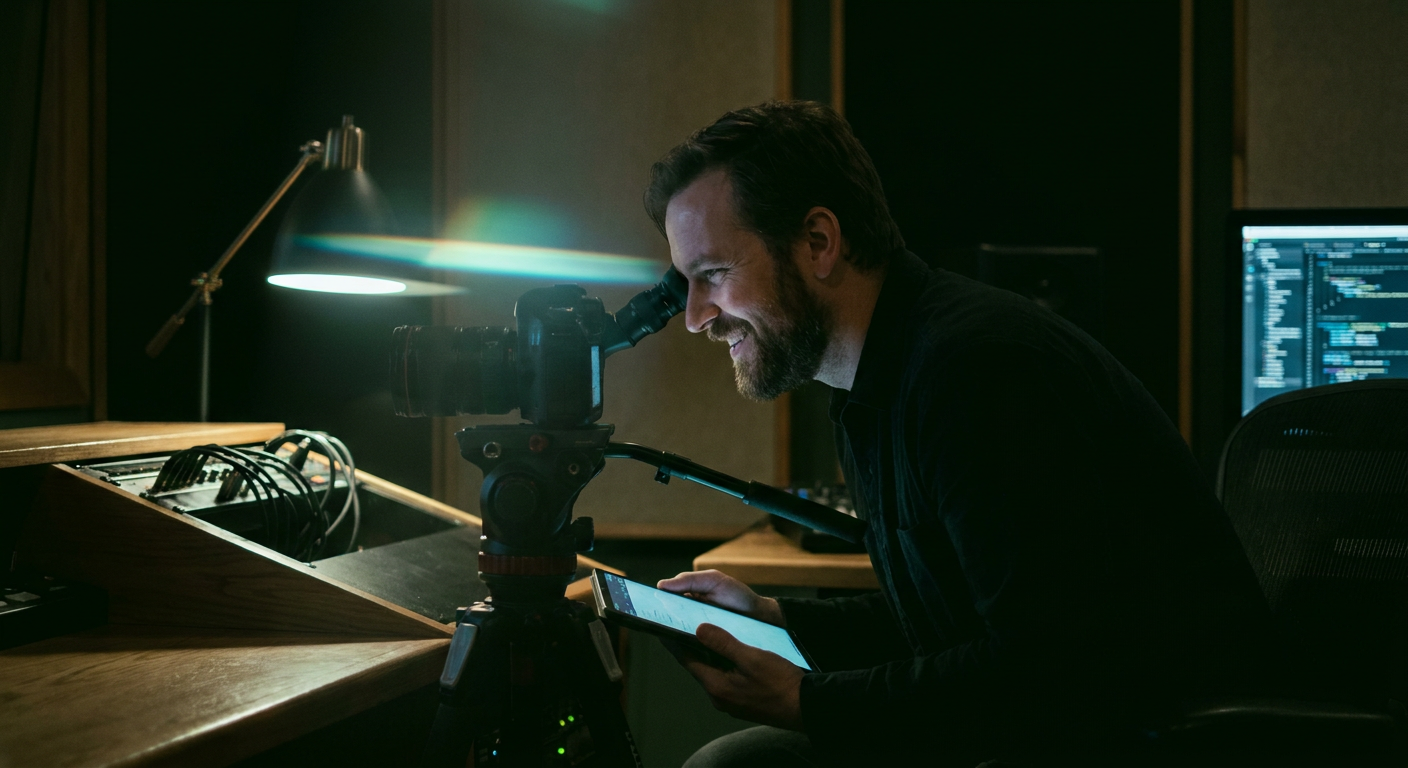 Side profile of a joyful creator in a deep dark studio environment, with a subtle line of prismatic light guiding the gaze toward a workspace.
