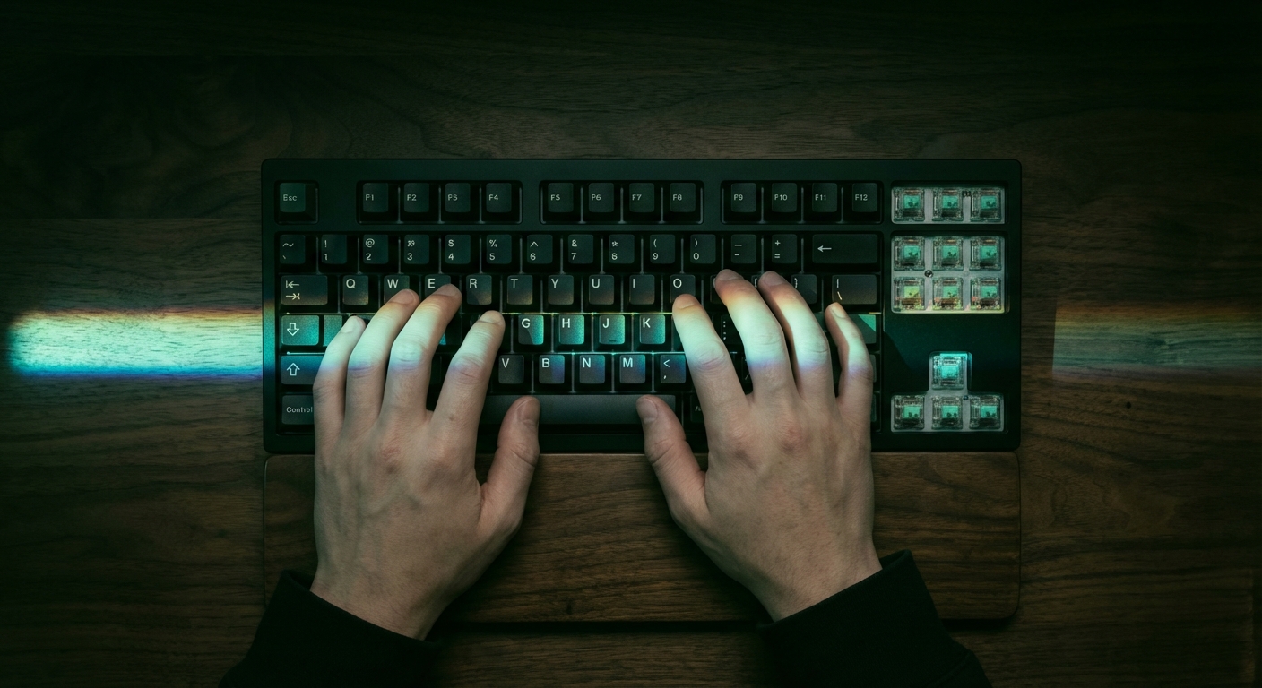 A close-up of a creator's hands resting on a clean desk next to a keyboard, with soft lime and lavender prism light dancing across the surface.
