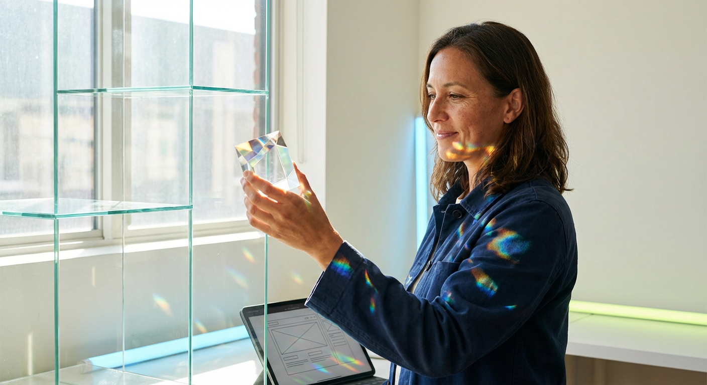 A wide shot of a modern, airy workspace with off-white walls and architectural shadows, featuring a focused creator bathed in soft, natural prismatic light.